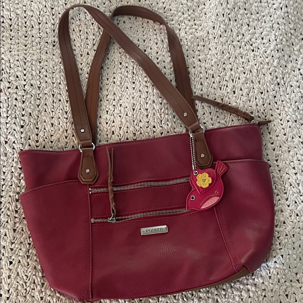 Rosetti Burgundy Tote with Brown Straps and Bird Charm